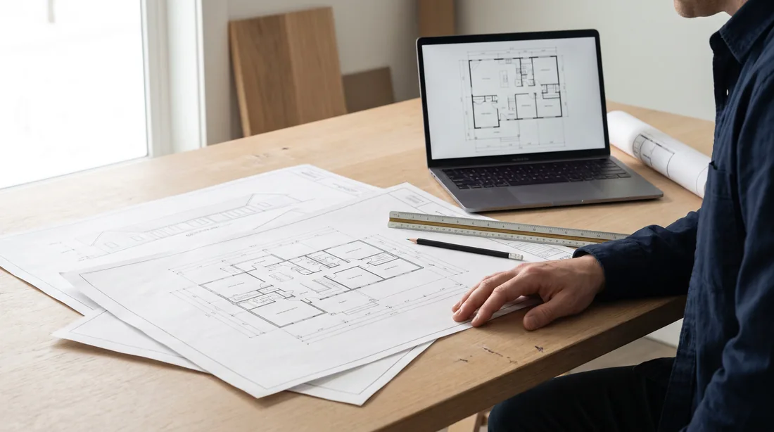 Architectural drawings and a laptop arranged for a plan review