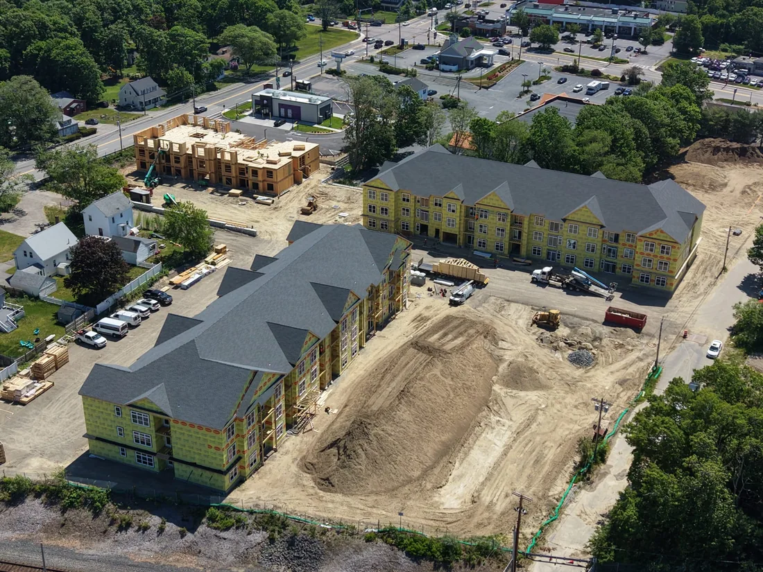 Aerial view of buildings under construction from the National Lumber project archive